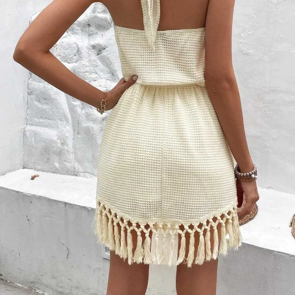 Apricot Boho Womens Fringe Hem Tie Backless Halter Dress - Picture 2 of 5